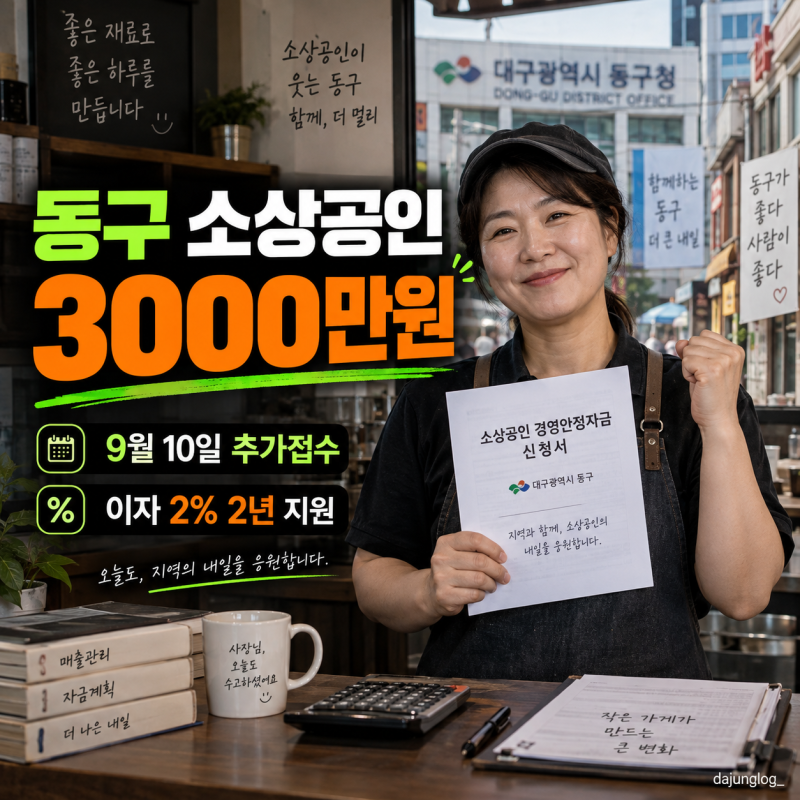 대구 동구 소상공인 경영안정자금 3000만원 9월 10일부터 추가접수, 이자 2% 2년 지원