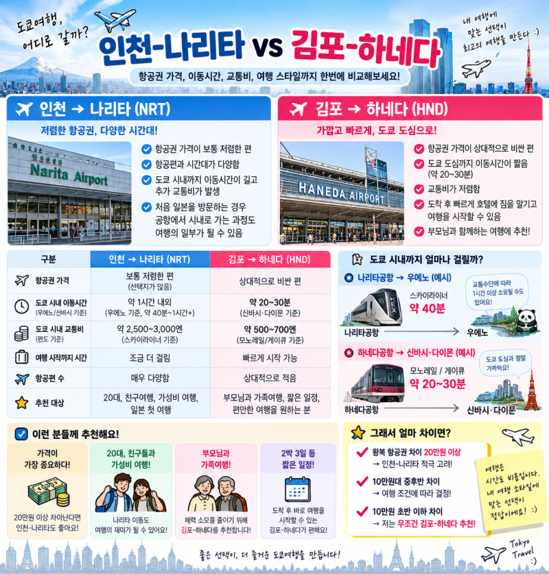 인천-나리타 vs 김포-하네다, 도쿄 항공권 고르는 나의 기준! 얼마 차이면 인리타 김네다 비교....