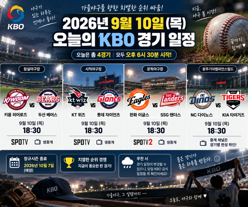 2026년 9월 10일 KBO 경기 일정과 중계