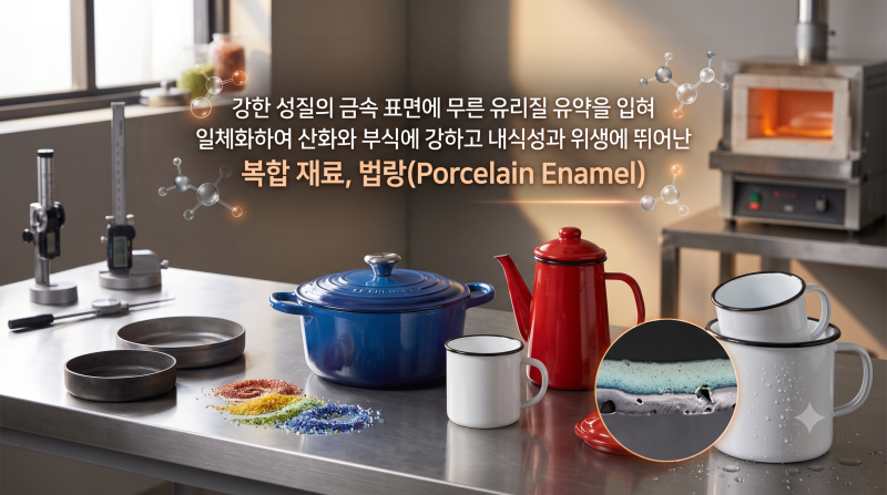 강한 성질의 금속 표면에 무른 유리질 유약을 입혀 일체화하여 산화와 부식에 강하고 내식성....