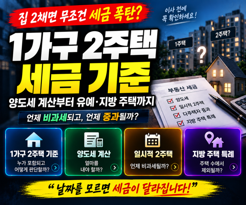 1가구 2주택 세금 기준, 양도세 계산부터 유예·지방 주택까지