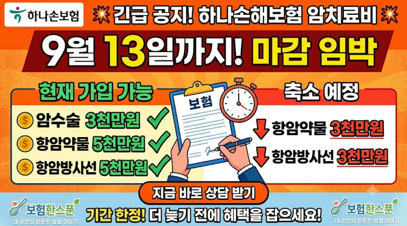 하나손해보험 비급여 암주요치료비 9월13일까지만 암수술3천만원,항암약물5천만원,항암방사....