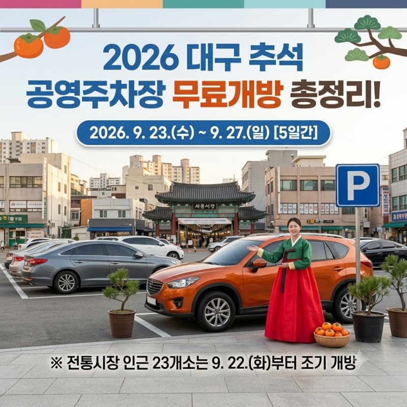 [2026 대구 추석] 2026년 추석 연휴 대구 공영주차장 무료개방 총정리! (전통시장 23곳은 하루 먼....