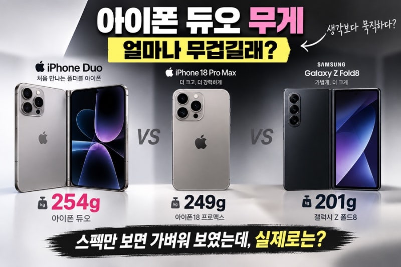 아이폰 듀오 무게 얼마나 무겁길래? 254g, 갤럭시 Z 폴드8 아이폰18 프로맥스와 비교해보니