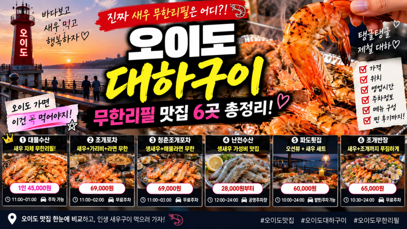 오이도 대하구이 무한리필 맛집 총정리2026｜생새우 가격·주차·영업시간 6곳 비교