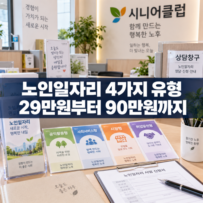 노인일자리 4가지 유형 비교 — 공익활동형 29만원부터 신설 90만원까지 (2026년)