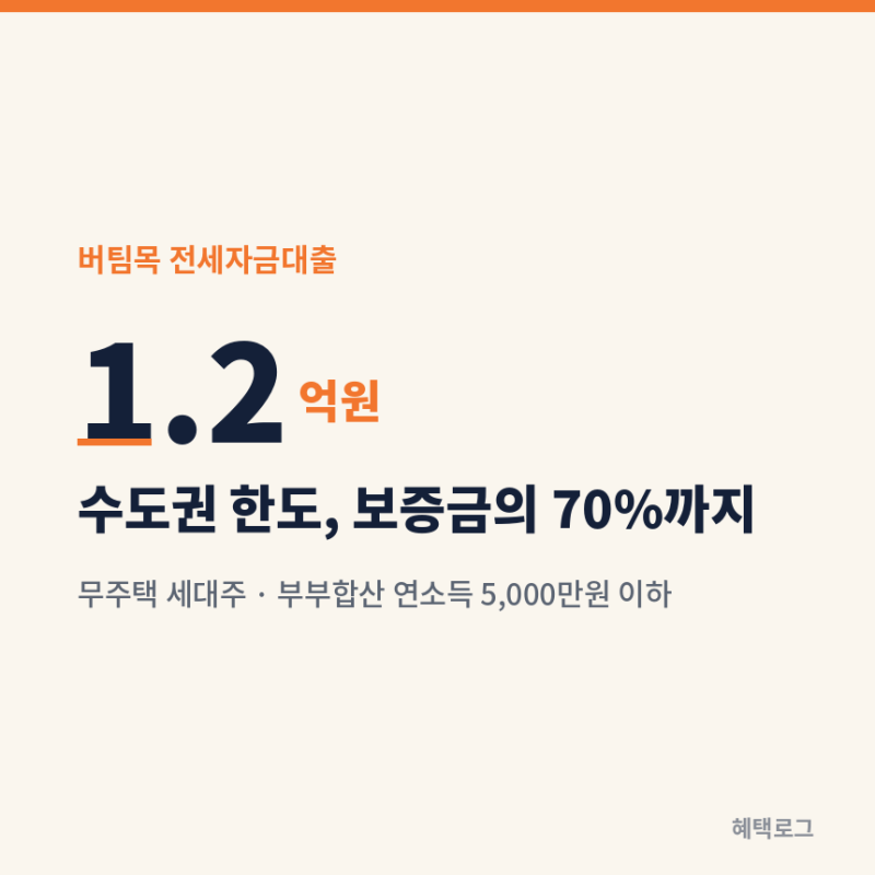버팀목 전세자금대출 조건 | 신혼 부부 합산 연소득 5천만원, 수도권은 1억 2천까지