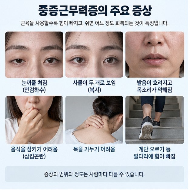 중증근무력증 증상, 원인, 진단, 눈꺼풀 처짐, 복시, 삼킴곤란, 호흡곤란 등 총정리