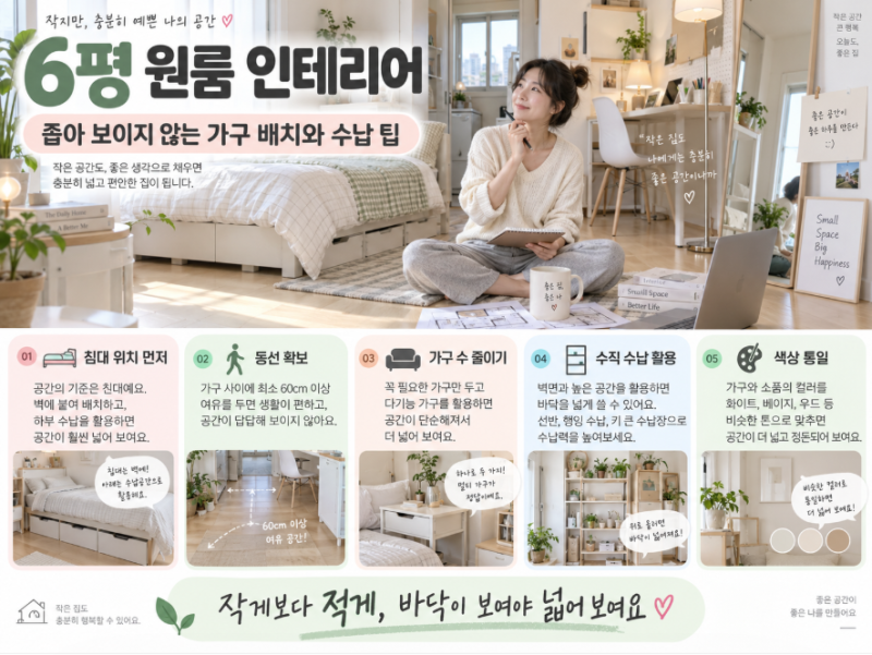 6평 원룸 인테리어, 좁아 보이지 않는 가구 배치와 수납 팁