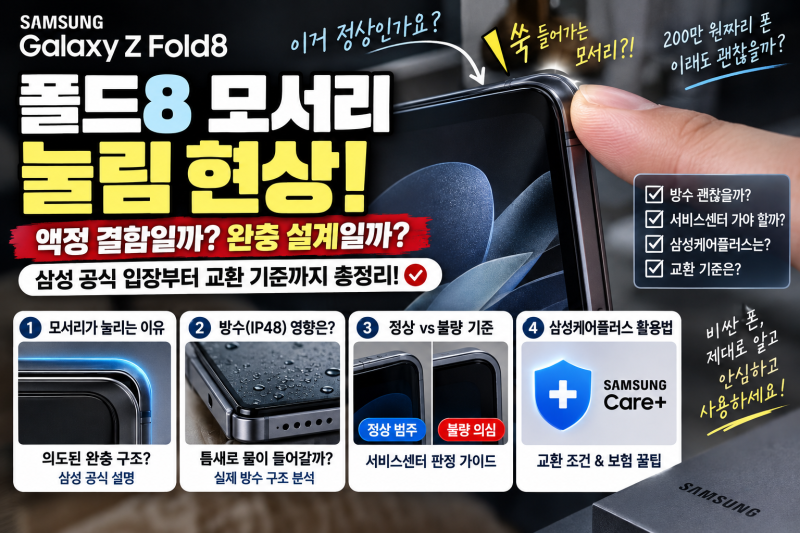 갤럭시 Z 폴드8 모서리 눌림 현상, 액정 결함일까 완충 설계일까? 삼성 공식 입장과 삼성케어....