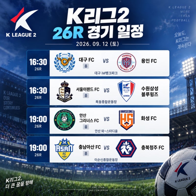 2026 K리그2 26라운드 프리뷰｜서울이랜드 vs 수원 선두 경쟁부터 대구·화성까지
