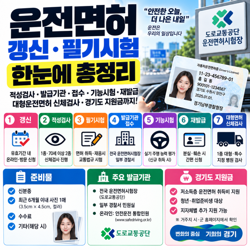 운전면허 갱신 필기시험 총정리, 적성검사·발급기관·접수부터 경기도 지원금과 대형운전면....