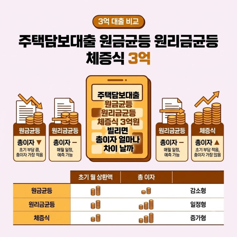 주택담보대출 원금균등 원리금균등 체증식 3억원 빌리면 총이자 차이가 얼마나 날까