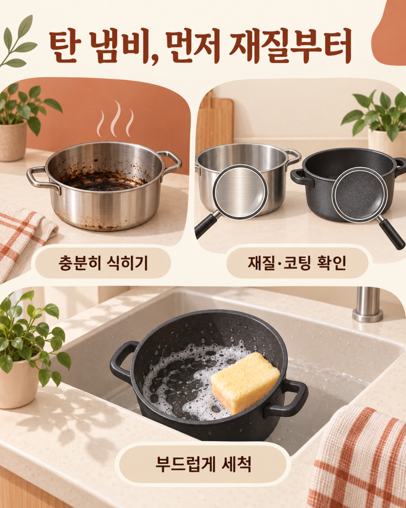탄 냄비 세척 방법, 스테인리스와 코팅 냄비를 구분하세요