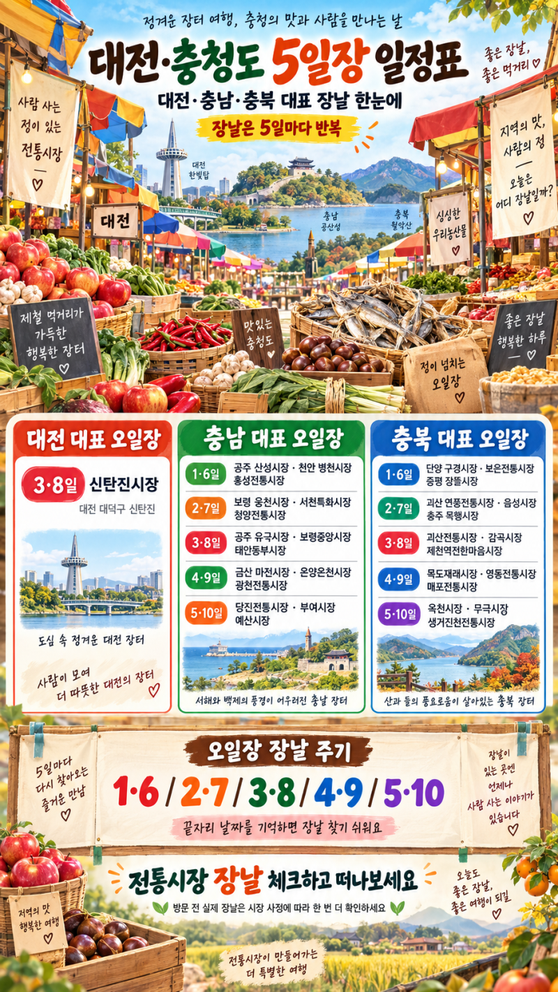 대전·충청도 5일장 일정표 총정리 대전·충남·충북 장날 한눈에