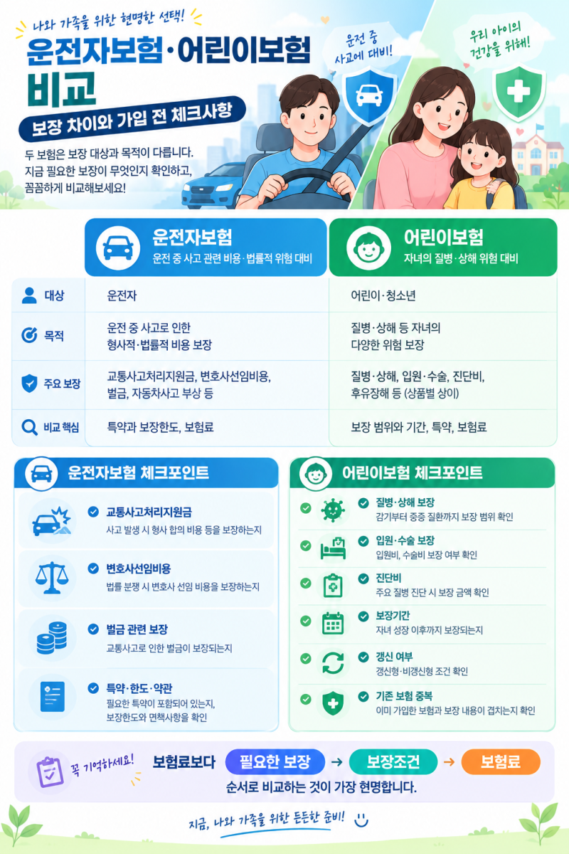 운전자보험·어린이보험 비교｜보장 차이와 가입 전 체크사항