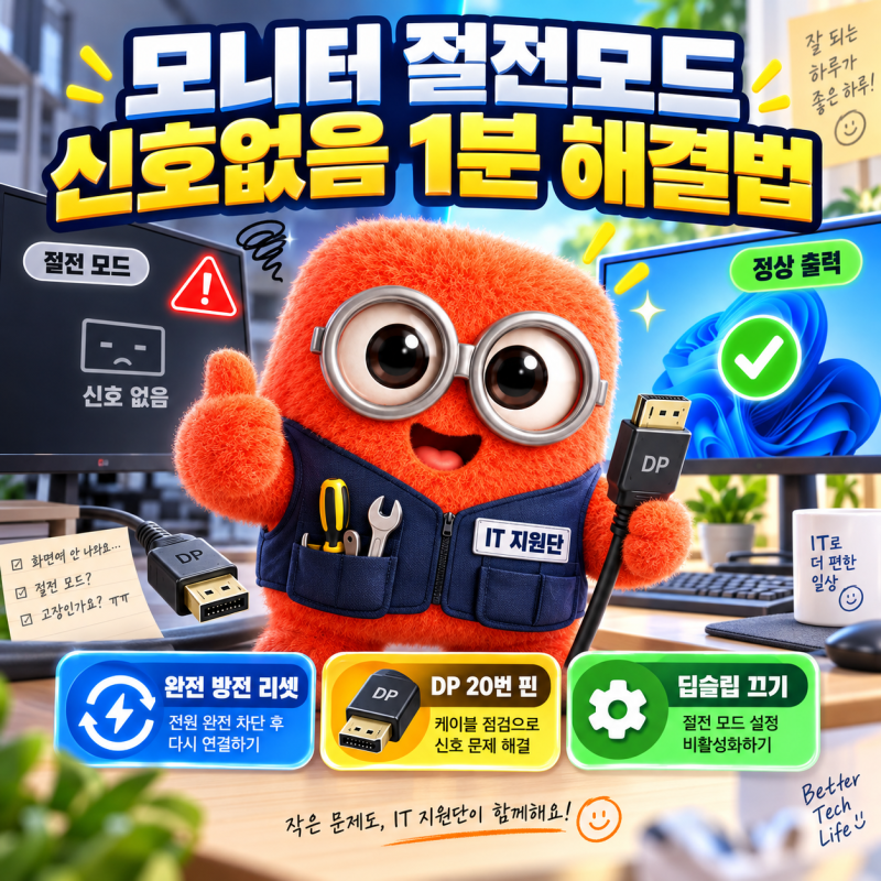 모니터 절전모드 신호없음 1분 해결법: DP 케이블 20번 핀 문제부터 완전 방전 리셋까지