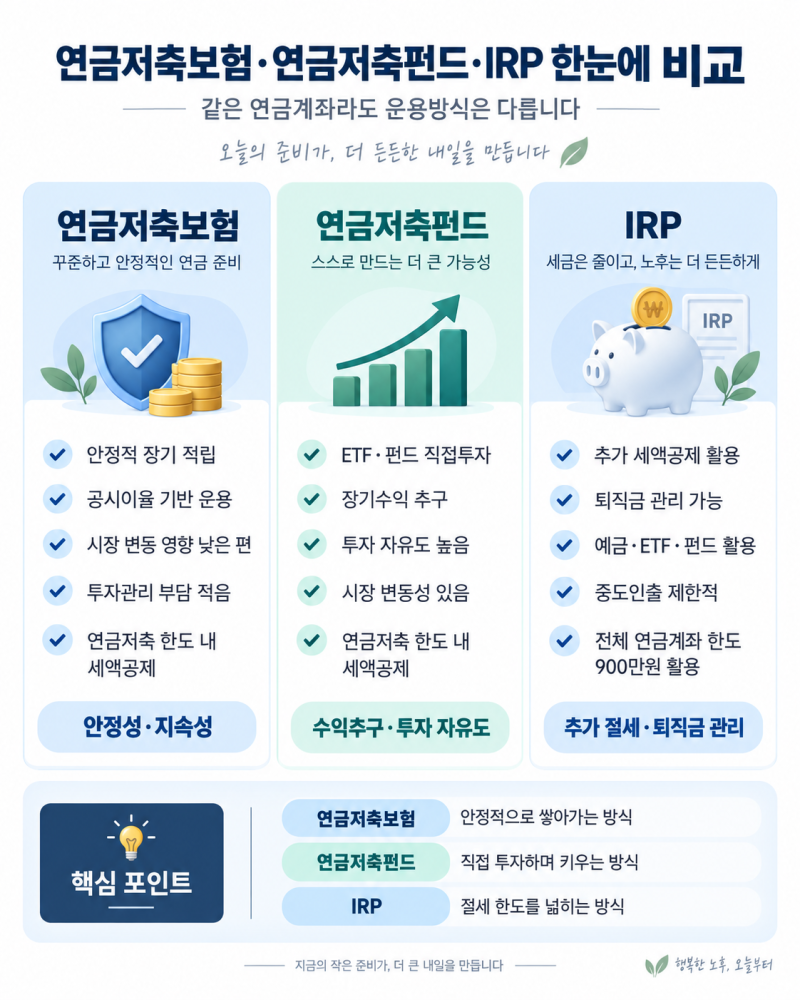 연금저축보험·연금저축펀드·IRP 차이 총정리｜세액공제부터 연금수령 세금까지