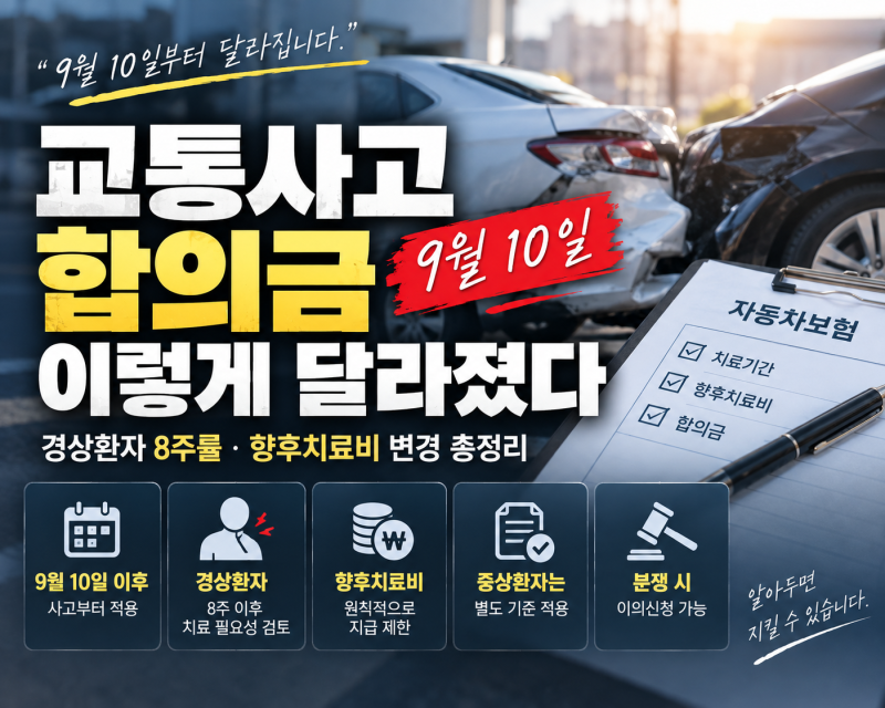 교통사고 합의금 9월 10일부터 달라졌다｜경상환자 8주룰·향후치료비 변경 총정리
