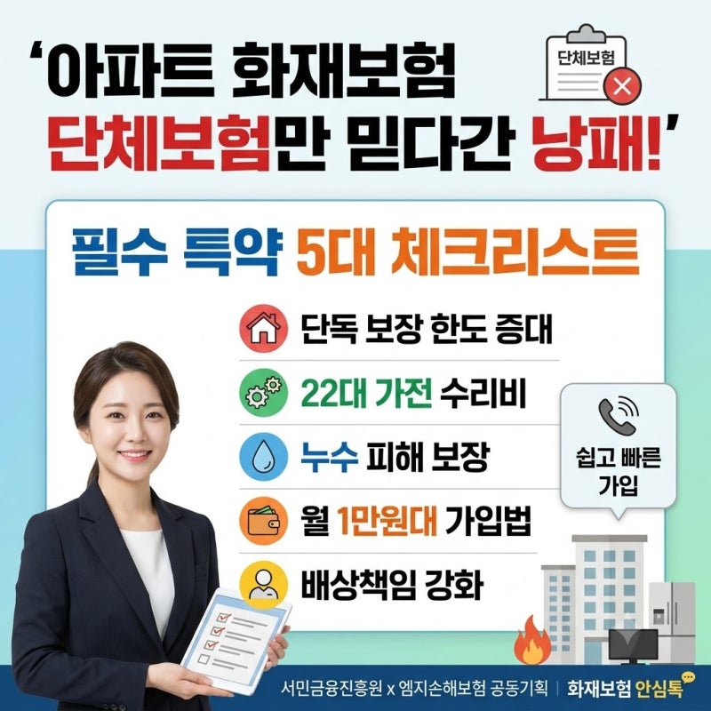 아파트 화재보험 단체보험만 믿다간 낭패! 필수 특약 5대 체크리스트｜22대 가전 수리비·누....