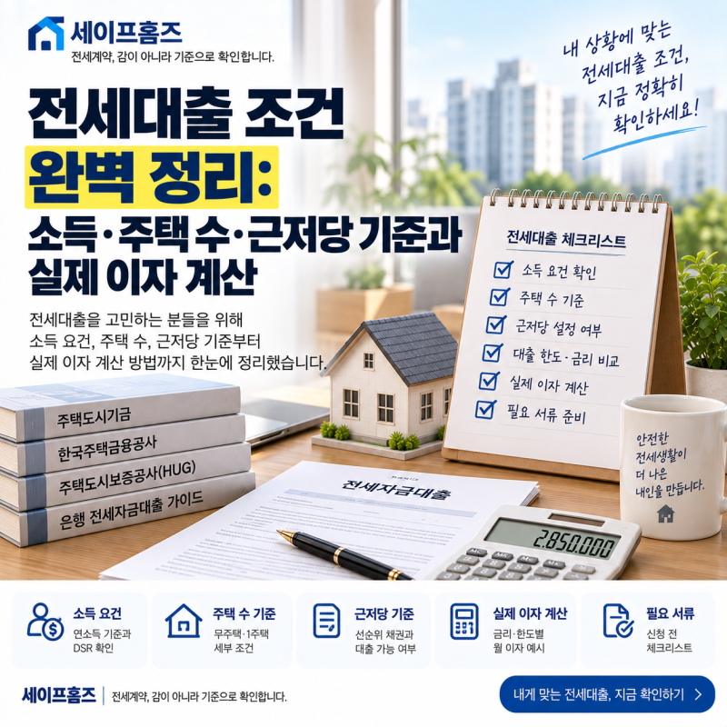 전세대출 조건 완벽 정리: 소득·주택 수·근저당 기준과 실제 이자 계산