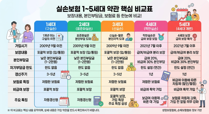 실손보험 1~5세대 약관 핵심 비교