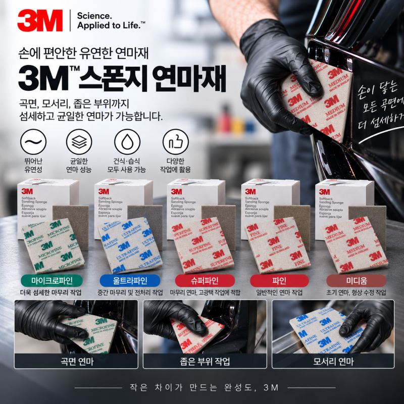 3M 스폰지 연마재｜목재 곡면과 자동차 모서리 작업에 편리한 샌딩 스폰지