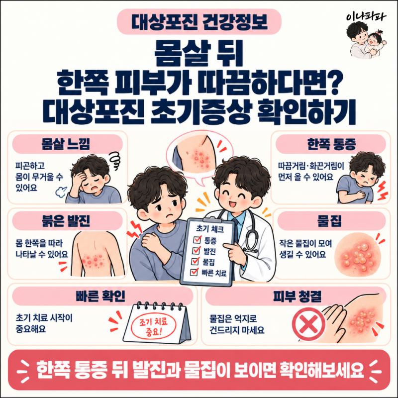 몸살 뒤 한쪽 피부가 따끔하다면? 대상포진 초기증상과 붉은 발진·물집 대처방법 알아보기