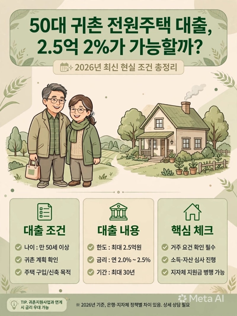 [2026년 최신] 50대 귀촌 전원주택 대출 현실 조건 - 2.5억 2% 받는 4단계 로드맵