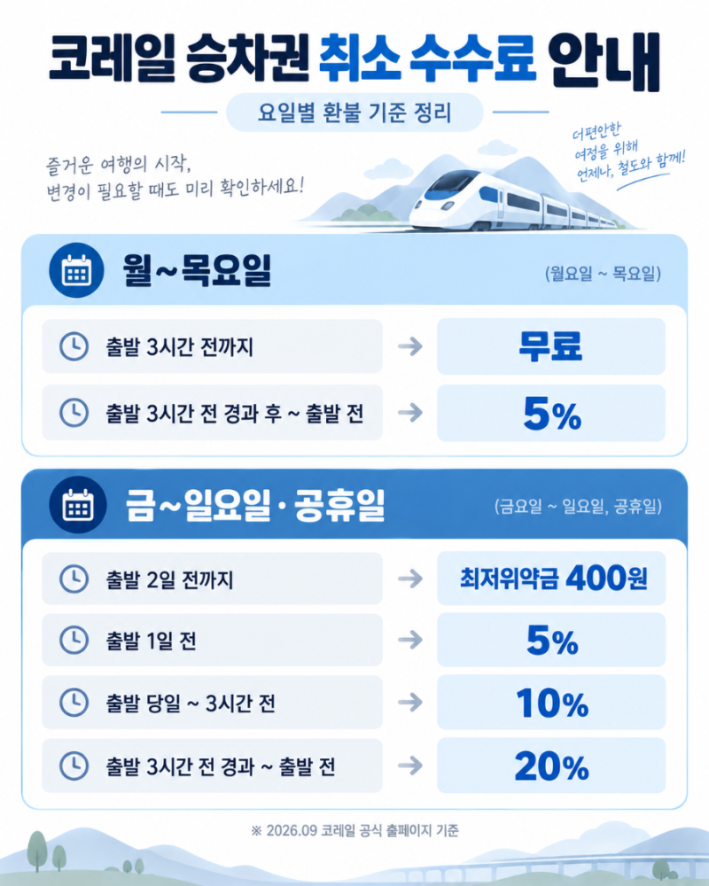2026 ITX 취소수수료 총정리 코레일 기차표 당일취소·주말 환불 위약금