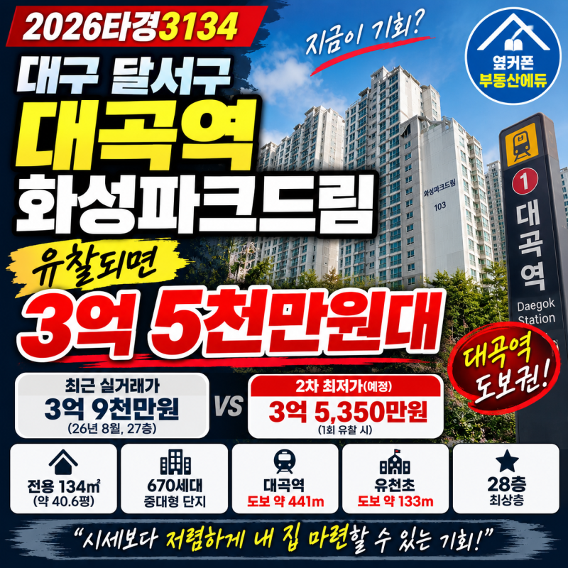 대구 달서구 대곡역화성파크드림 아파트 경매 유찰되면 3억5천만원대 2026타경3134 사진 2