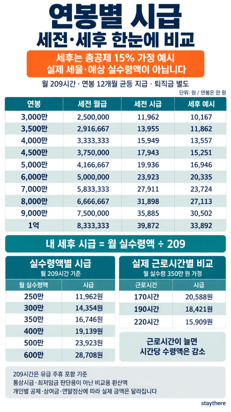 연봉별 시급 계산｜연봉 3천만 원부터 1억 원까지 세전·세후 비교