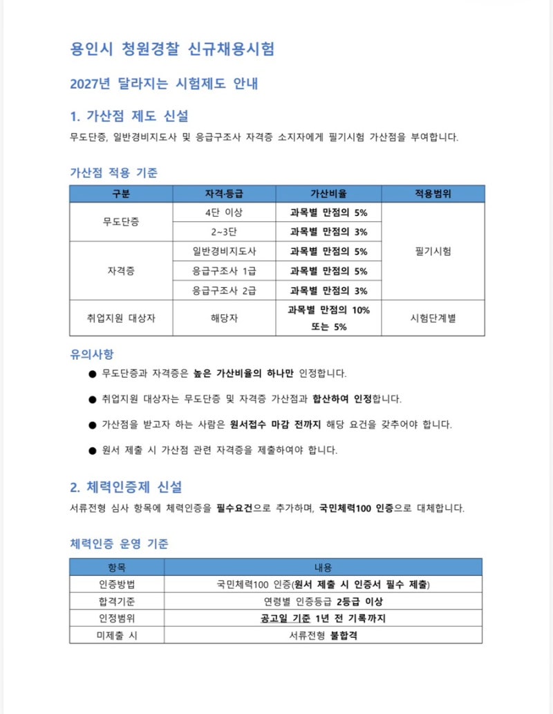 용인시 청원경찰 신규채용시험 공고 2027년 달라지는 시험제도 가산점 및 체력인증제 완벽 정....
