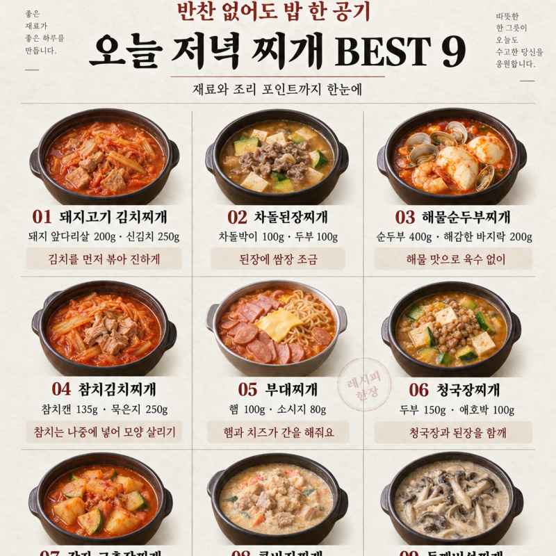 반찬 없어도 밥 한 공기 — 오늘 저녁 찌개 BEST 9