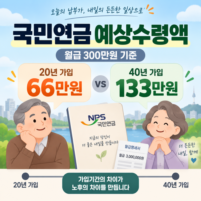 국민연금예상수령액 월급 300만원 기준 20년과 40년 차이는?