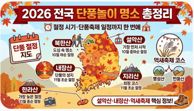 2026 전국 단풍놀이 명소 총정리|절정 시기·단풍축제 일정까지 한 번에 (설악산·내장산·억새....