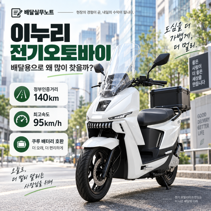 이누리 전기오토바이, 배달용으로 왜 많이 찾을까?OK1 KS부터 쿠루 배터리까지, 배달 현장 기....