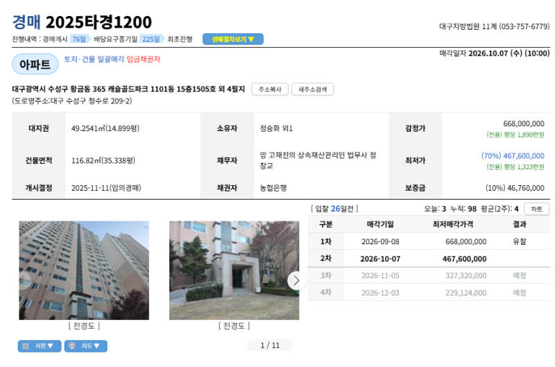 대구 수성구 캐슬골드파크 아파트 경매 1회 유찰 4억 6천만원대 2025타경1200 사진 3