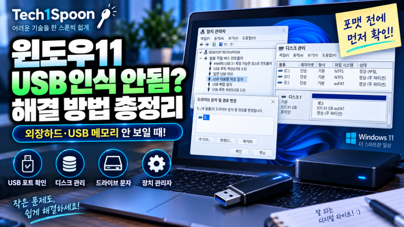 윈도우11 USB 인식 안됨 해결 방법,외장하드·USB 메모리 안 보일 때