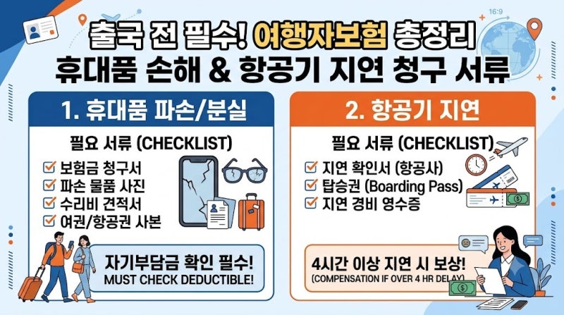 해외여행자보험 보상 100% 받는 법｜휴대품 파손·도난 20만원 룰·항공기 4시간 지연 필수 서....