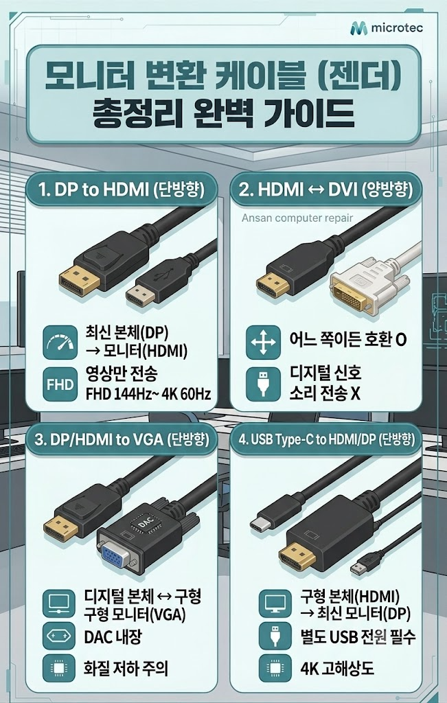 본오동컴퓨터수리 모니터 변환 젠더 케이블 종류 완벽 총정리 (DP HDMI DVI VGA C타입 Mini 포트)