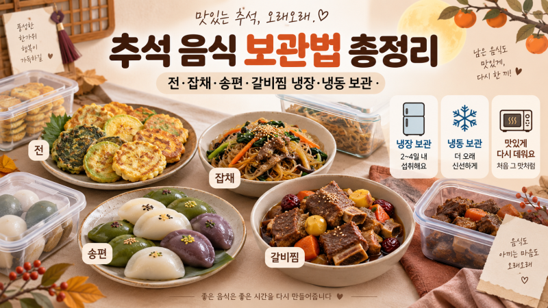 추석 음식 보관법 총정리｜전·잡채·송편·갈비찜 냉장 냉동 보관과 맛있게 데우는 법