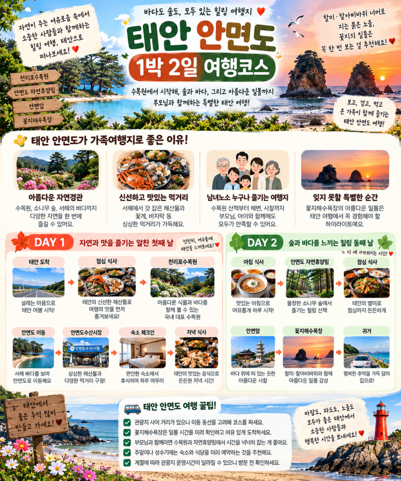 태안 안면도 1박 2일 여행코스 천리포수목원부터 꽃지 일몰까지