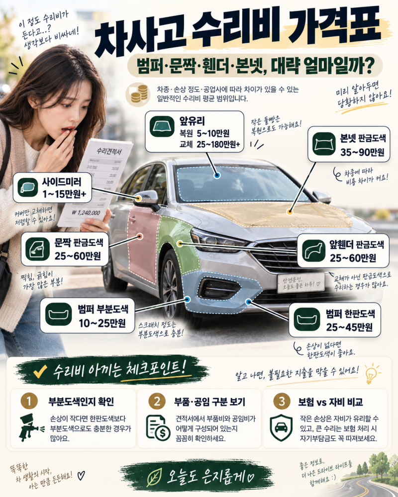 사고 났는데 견적이 왜 3배지?｜2026 범퍼·문짝·휀더·본넷 자동차 수리비 가격표