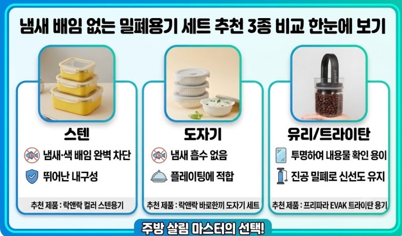 냄새 배임 없는 밀폐용기 세트 추천 3종 비교 정리