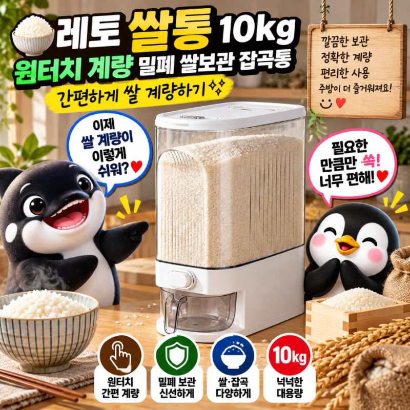 레토 쌀통 10kg 원터치 계량 밀폐 쌀보관 잡곡통, 간편하게 쌀 계량하기✨