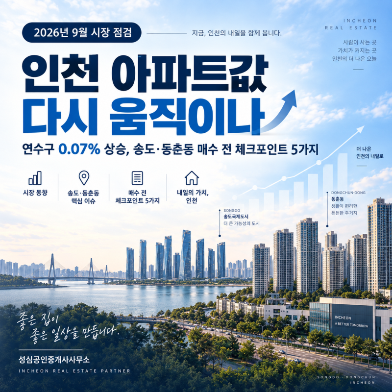 인천 아파트값 다시 움직이나｜연수구 0.07% 상승, 송도·동춘동 매수 전 체크포인트 5가지