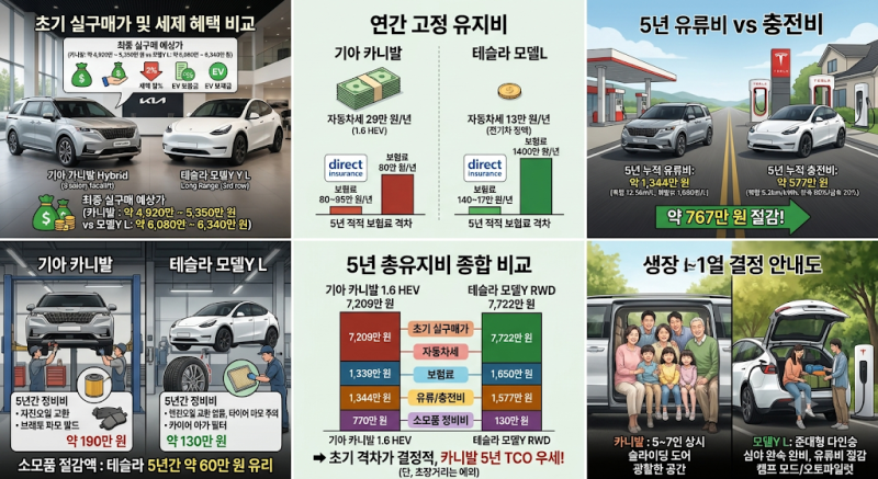 카니발 vs 테슬라 모델Y L 5년 총유지비 완벽 비교: 세금, 보험료, 충전비 영수증 정산