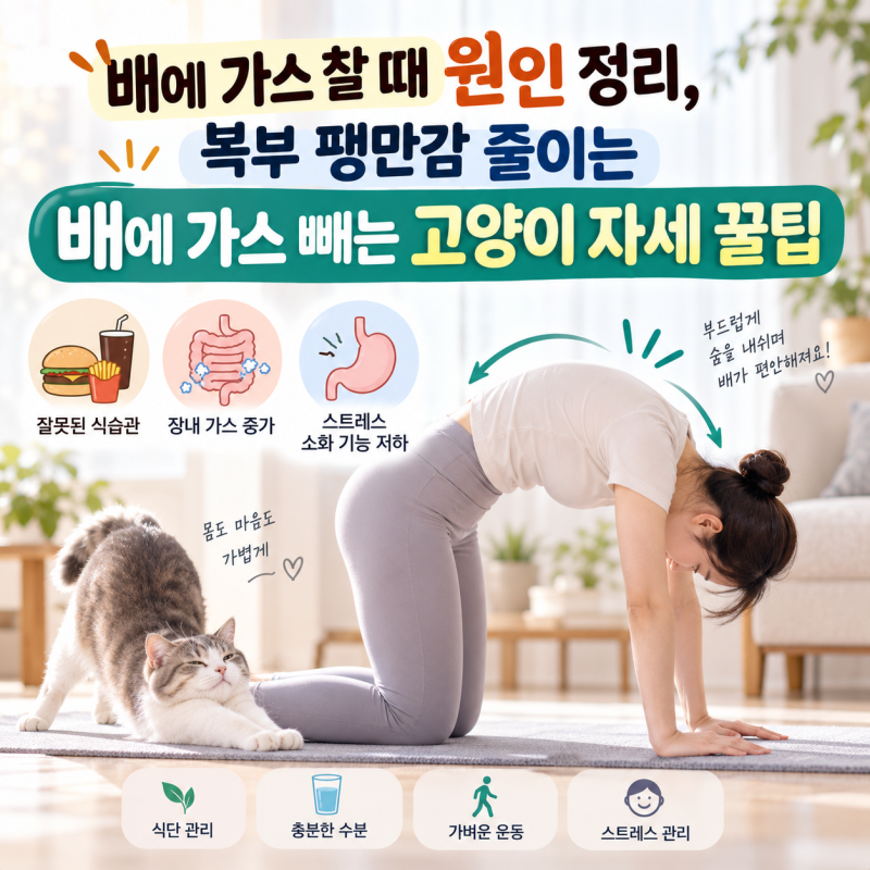 배에 가스 찰 때 원인 정리, 복부 팽만감 줄이는 배에 가스 빼는 고양이 자세 꿀팁