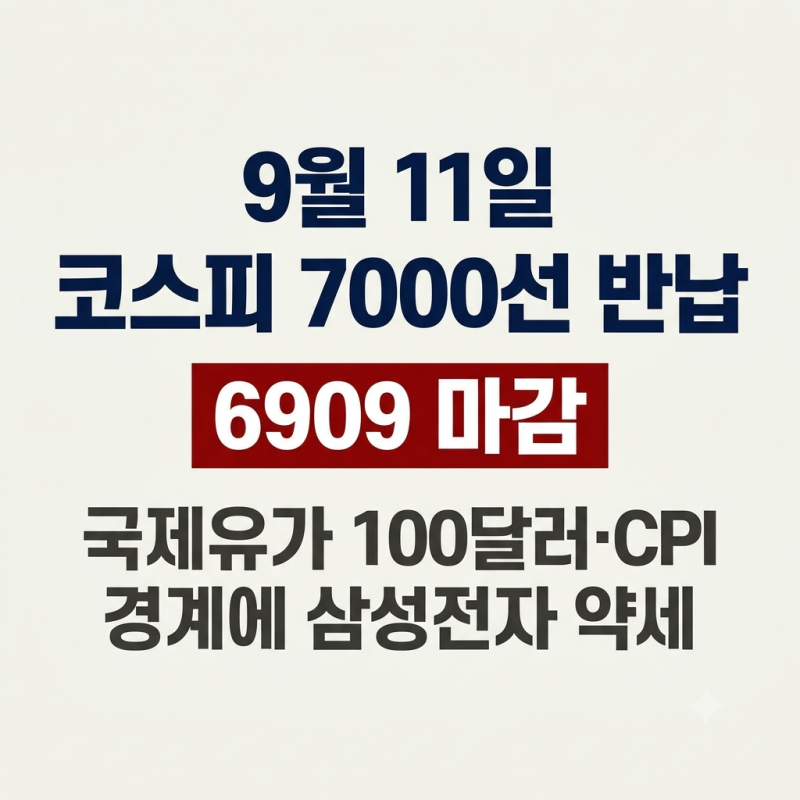 9월 11일 코스피 7000선 반납 6909 마감, 국제유가 100달러·CPI 경계에 삼성전자 약세